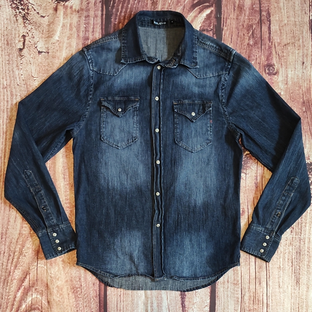 Replay Mens Blue Denim Western Snap Button Shirt